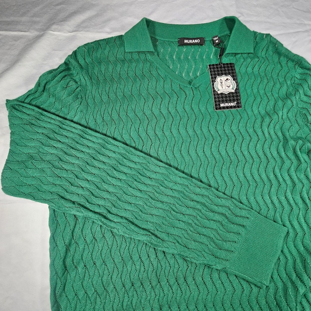 Murano M Med Green Prehistoric Prep V-Neck Collared Knit Sweater NWT 1508